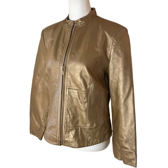 Yvonne Le Marie Gold Metallic Soft Lamb Leather Lined Jacket 3/4 Zip Size 6 - Picture 1 of 12